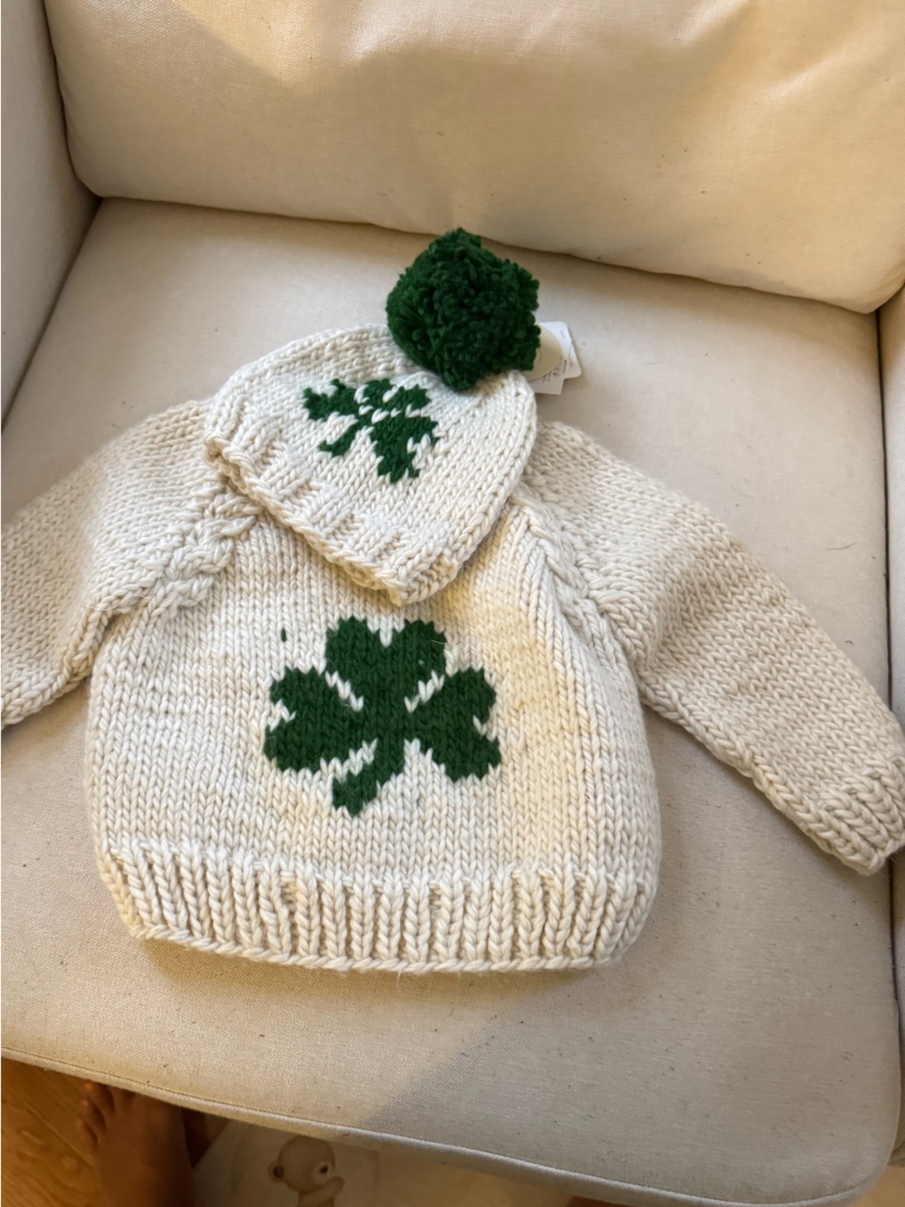 Cream Knit Baby Sweater & Hat Set with Green Shamrock 18-24m